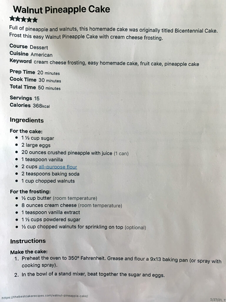 Printed Copy of Walnut Pineapple Cake Recipe