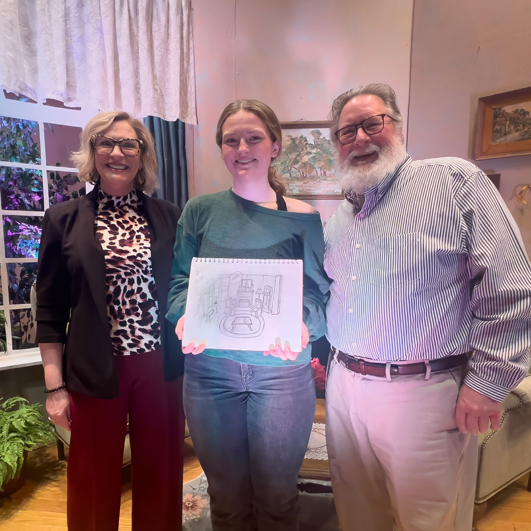 Elizabeth Thompson, Charlie Johnson, and a student stand together after a Thoughtful Connections podcast recording at Cottey College.