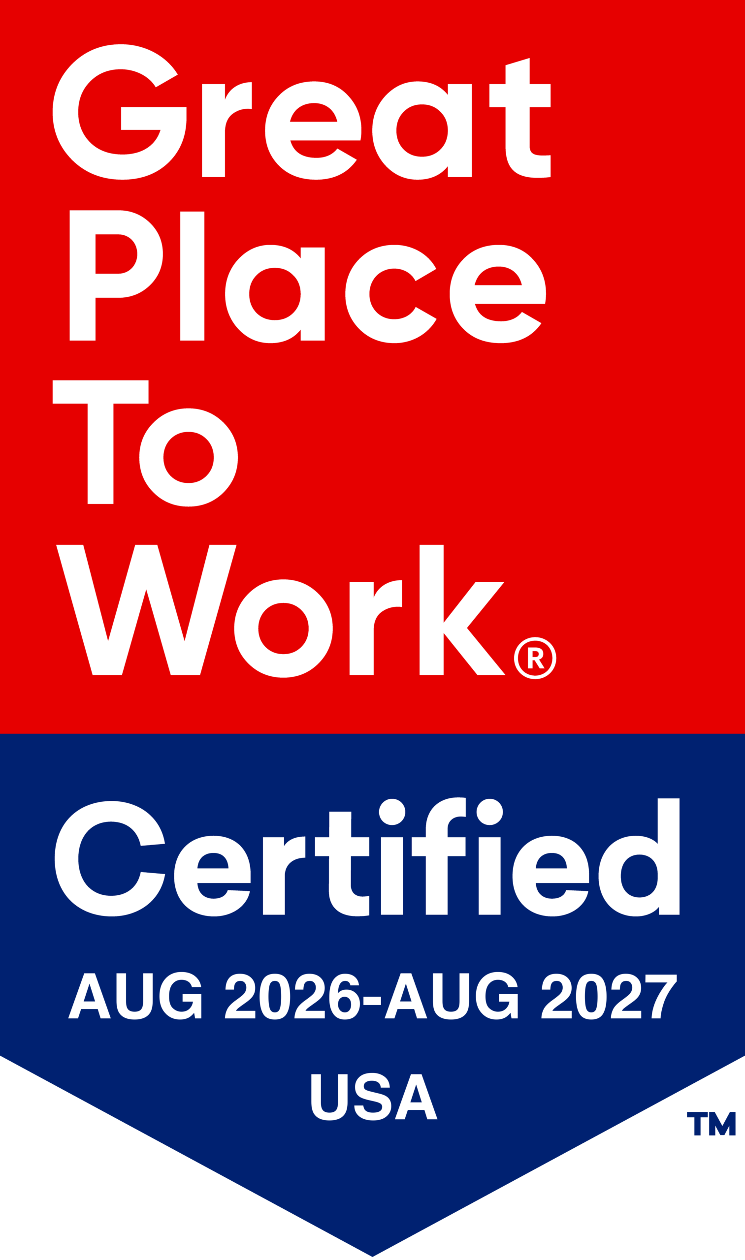Great Place to Work Certified badge for August 2026 to August 2027 in the USA, recognizing organizations with exceptional workplace culture and employee satisfaction.